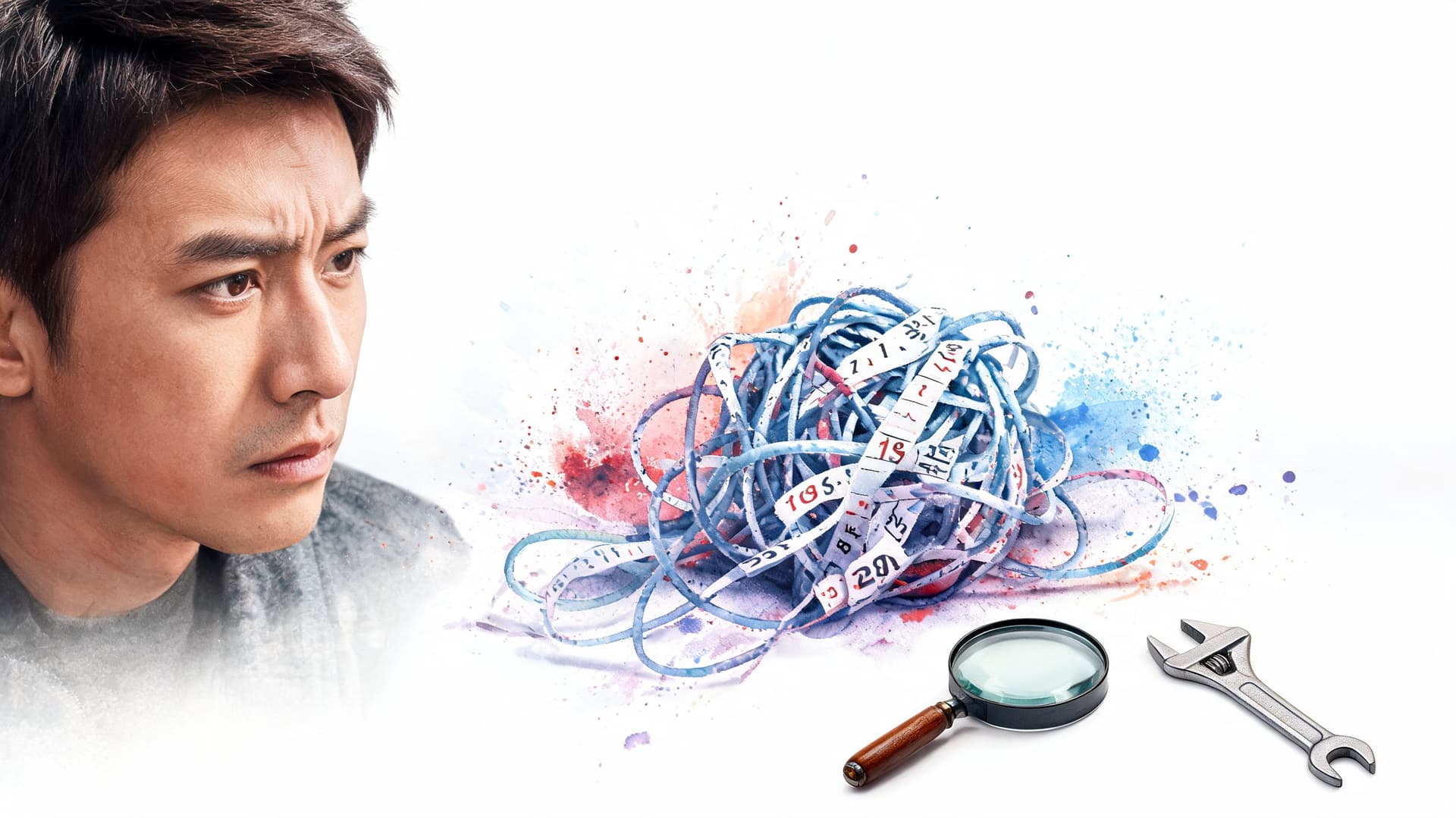 A concerned man looking at a tangled measuring tape with a magnifying glass and a wrench nearby.