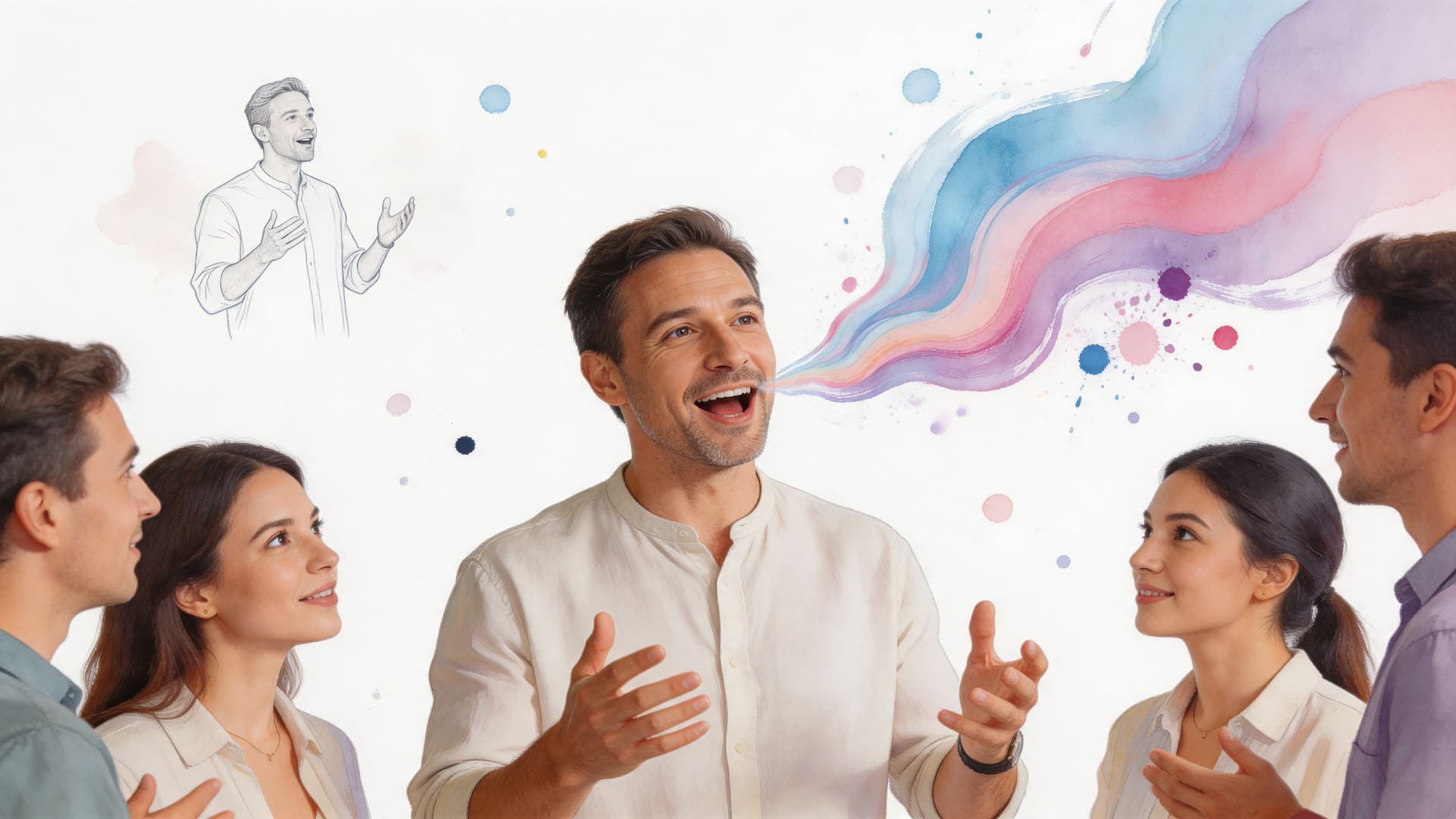 A man speaking with colorful visual sound waves, surrounded by a group of attentive people listening closely.