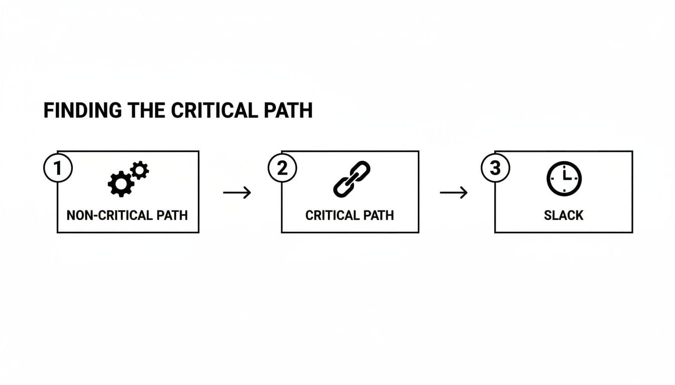 A diagram illustrating the process of finding the critical path, showing non-critical paths, critical paths, and slack.