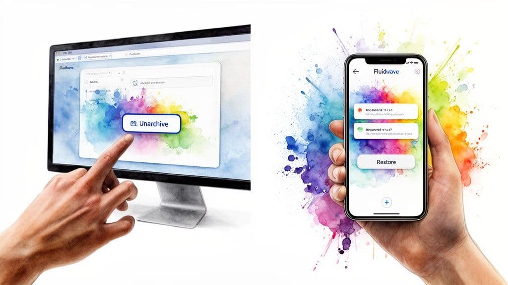 A hand touching a computer screen and a smartphone showing the Fluidwave application to unarchive content.