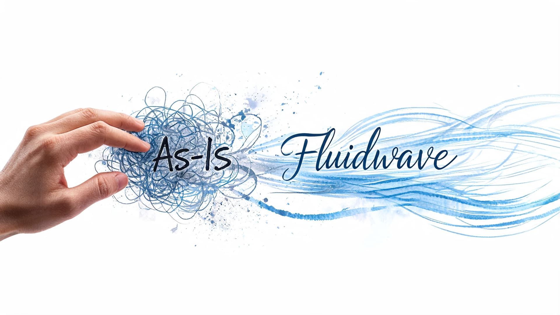 A hand touching a messy blue tangle labeled As-Is, transforming into a smooth, flowing wave labeled Fluidwave.