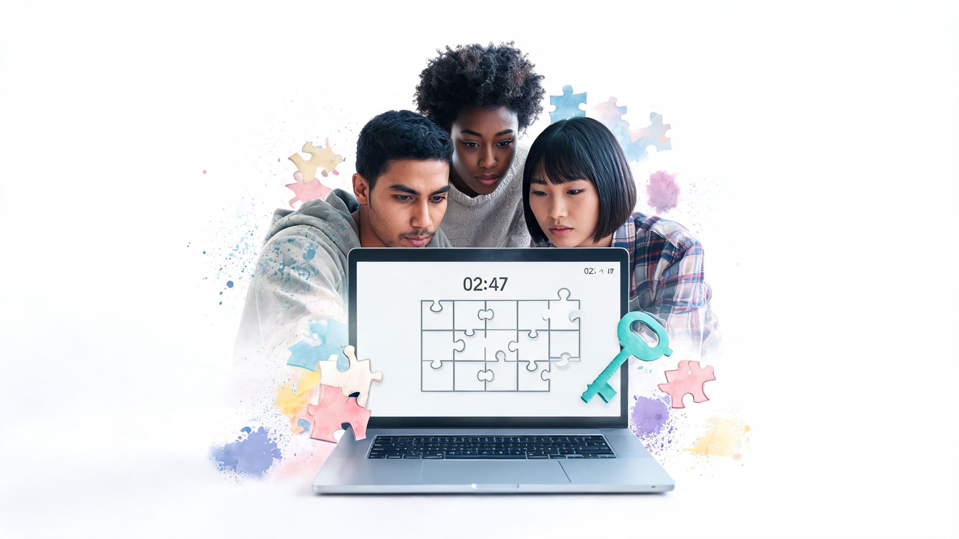 Three diverse students collaborating on an online puzzle game on a laptop for a team building activity.
