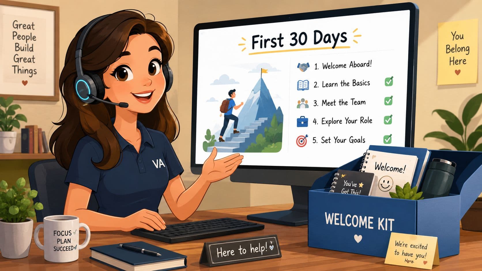 A friendly virtual assistant guiding a new employee through their first 30 days onboarding checklist.