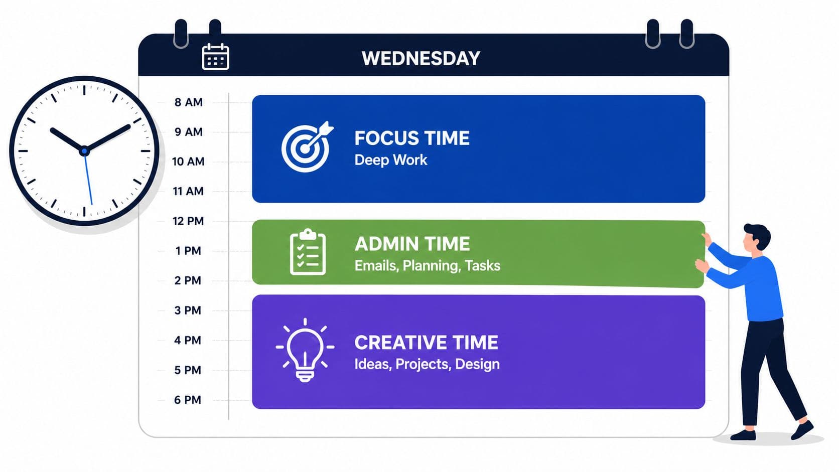 A man arranging a daily calendar schedule including focus, admin, and creative work blocks on Wednesday.