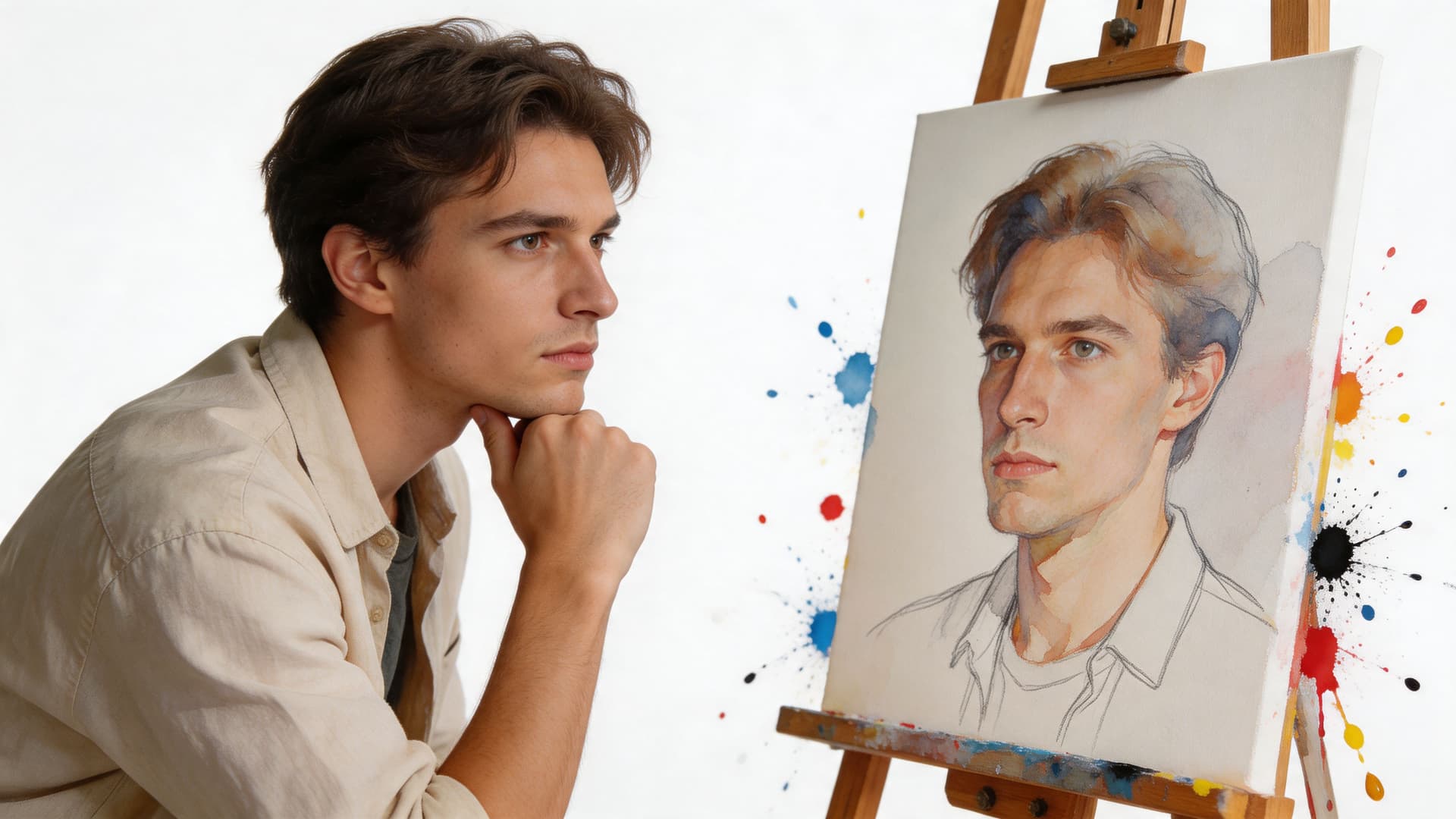 A young man looking thoughtfully at a watercolor portrait of himself displayed on an easel.