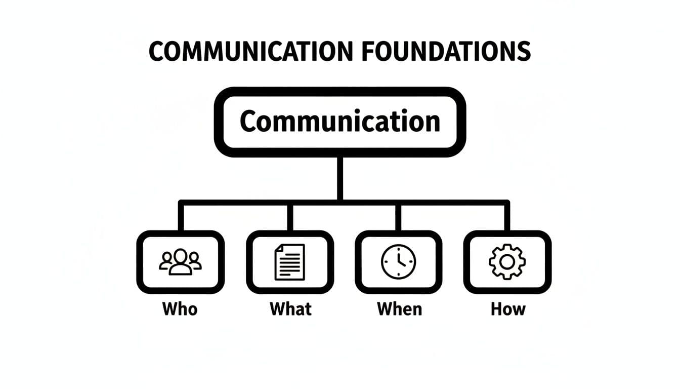Diagram illustrating the foundations of communication, covering who, what, when, and how with corresponding icons.
