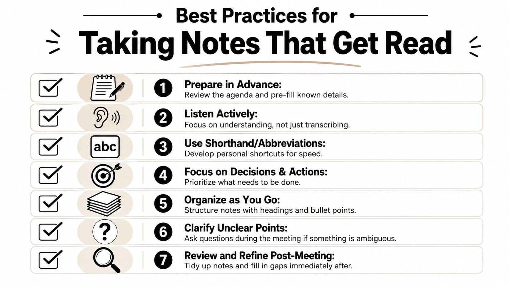 A list of seven best practices for taking effective meeting notes to improve readability and clarity.