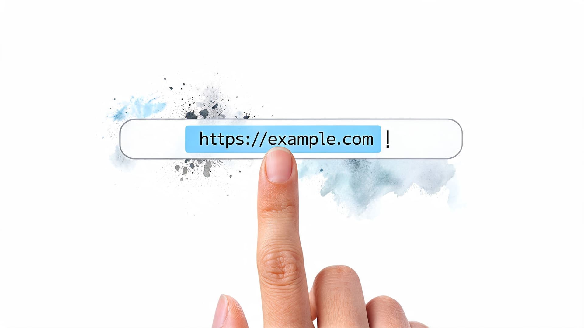 A finger pointing at a search bar displaying the URL https://example.com with abstract watercolor artistic effects.