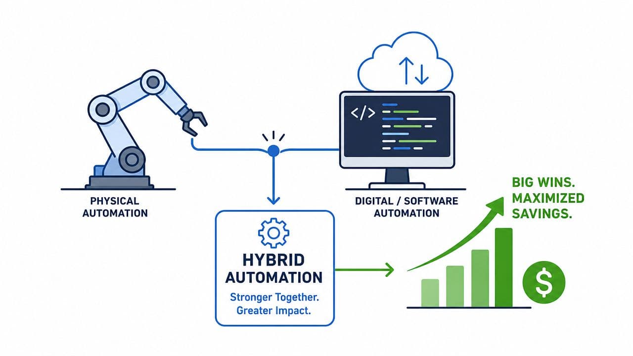 A diagram illustrating how physical and digital automation combine to create hybrid automation, resulting in maximized savings.