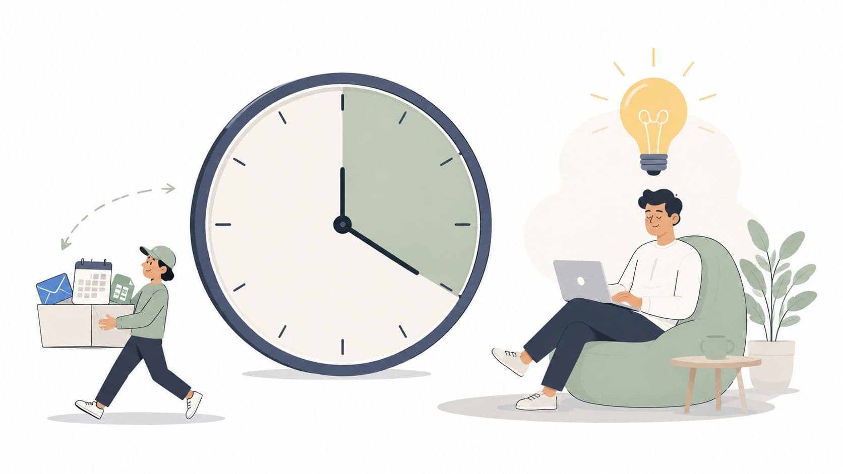 An illustration showing a virtual assistant carrying tasks while a person works efficiently with a laptop.