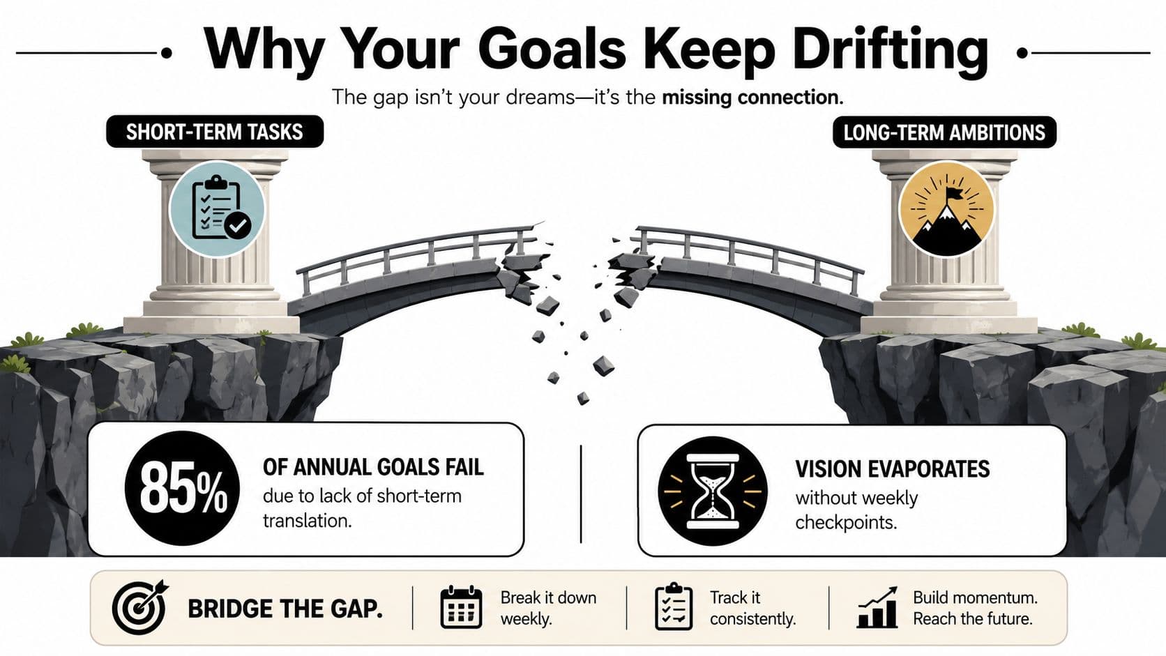 A bridge infographic showing the gap between short-term tasks and long-term ambitions to explain goal failure.
