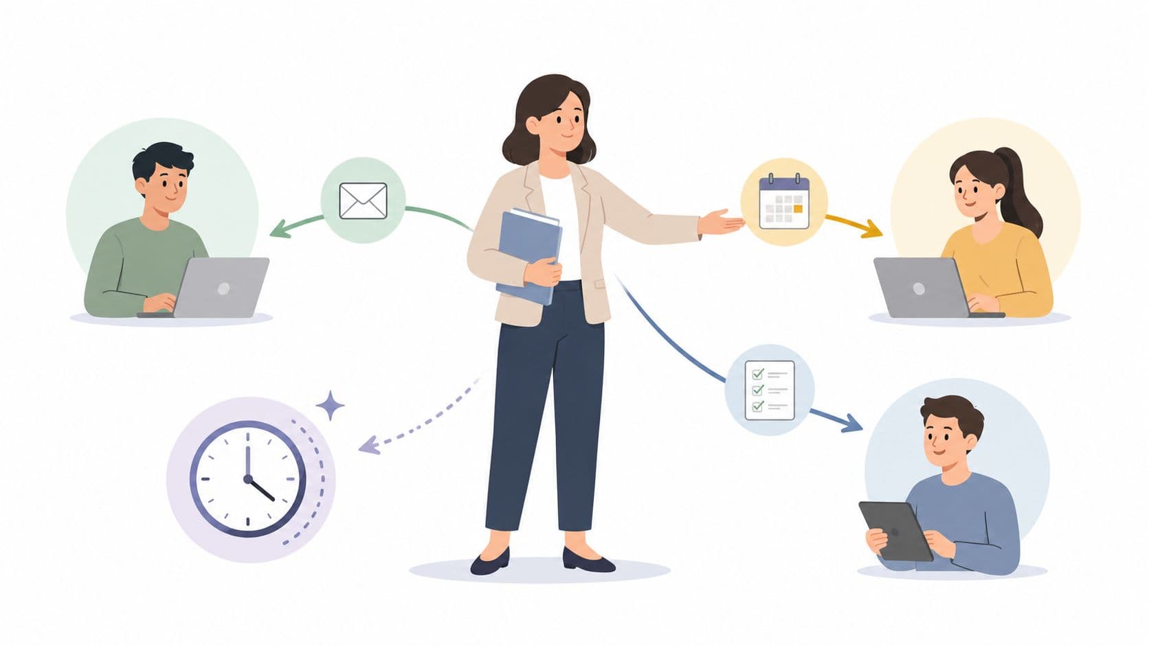 A professional woman coordinating tasks, emails, scheduling, and project timelines for a remote team of workers.