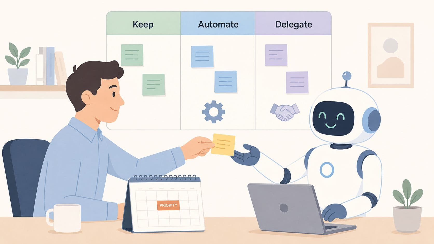 A professional man handing a yellow note to a friendly robot in an organized office setting.
