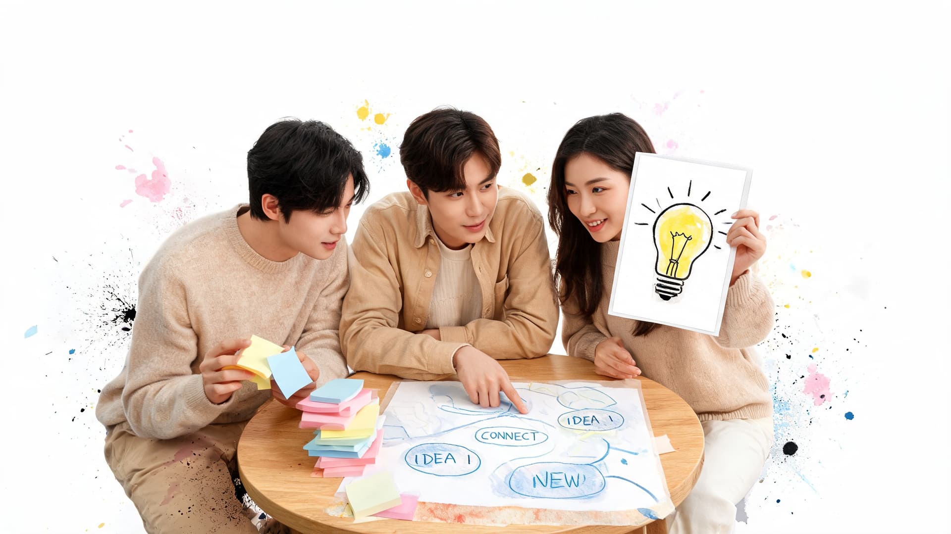 Three young adults brainstorming business strategies together with sticky notes and a lightbulb drawing in a workshop.