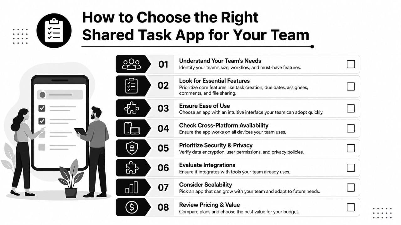 A checklist infographic illustrating eight key steps for choosing the right shared task app for teams.