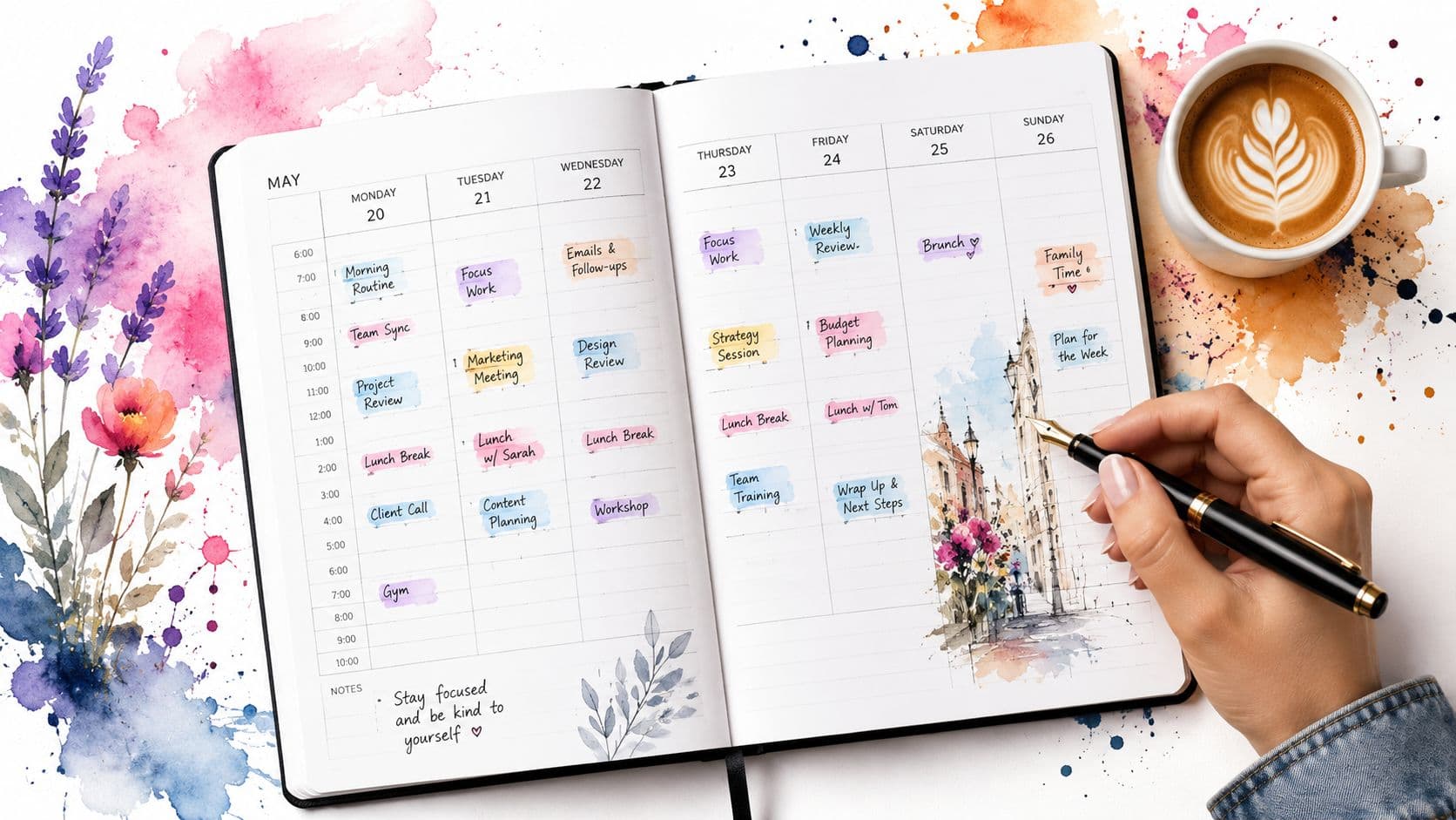 A person writing in a beautiful weekly planner with colorful watercolor accents surrounded by flowers and coffee.