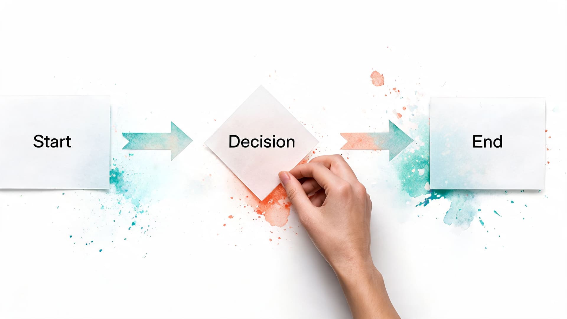 A hand placing a diamond-shaped paper note labeled Decision between Start and End blocks in a process.