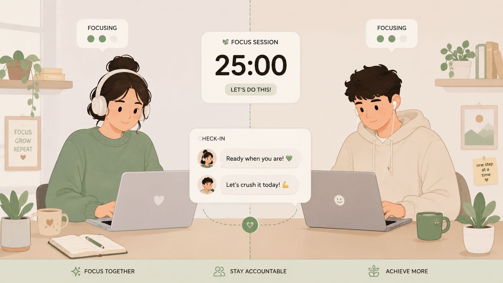 A digital illustration of two people working on laptops, focusing together with a timer in the center.