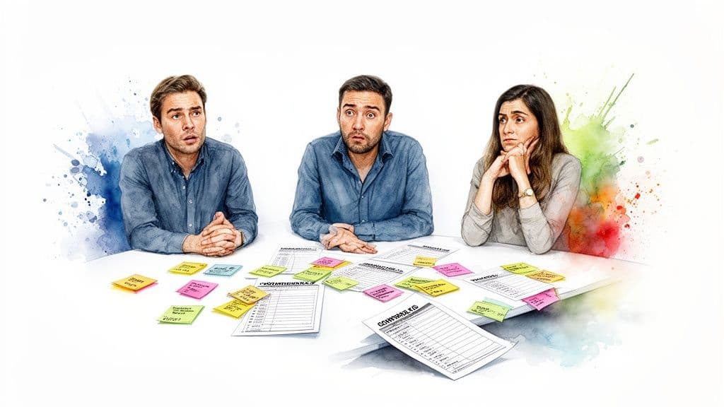 Three worried colleagues brainstorm with sticky notes and papers at a white table.