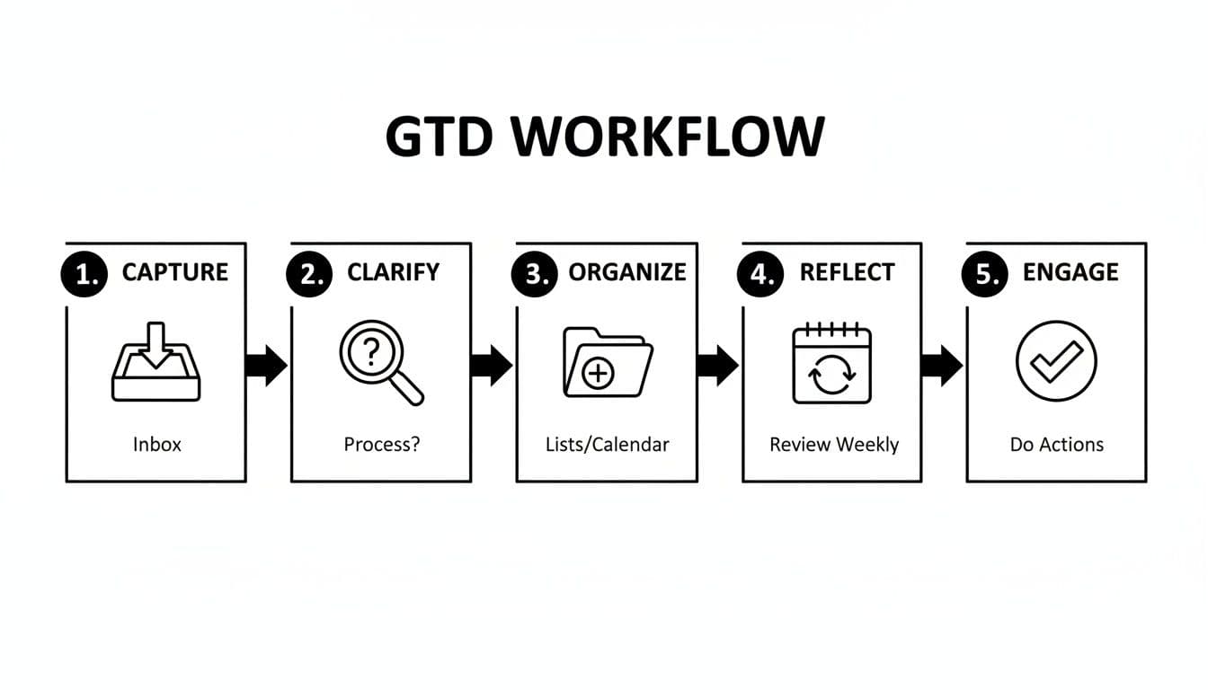 A GTD workflow diagram illustrating five key steps: Capture, Clarify, Organize, Reflect, Engage.
