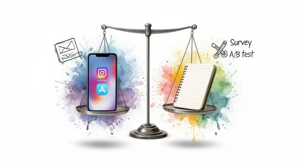 A balance scale comparing digital marketing channels (apps, email) with survey and A/B testing methods.