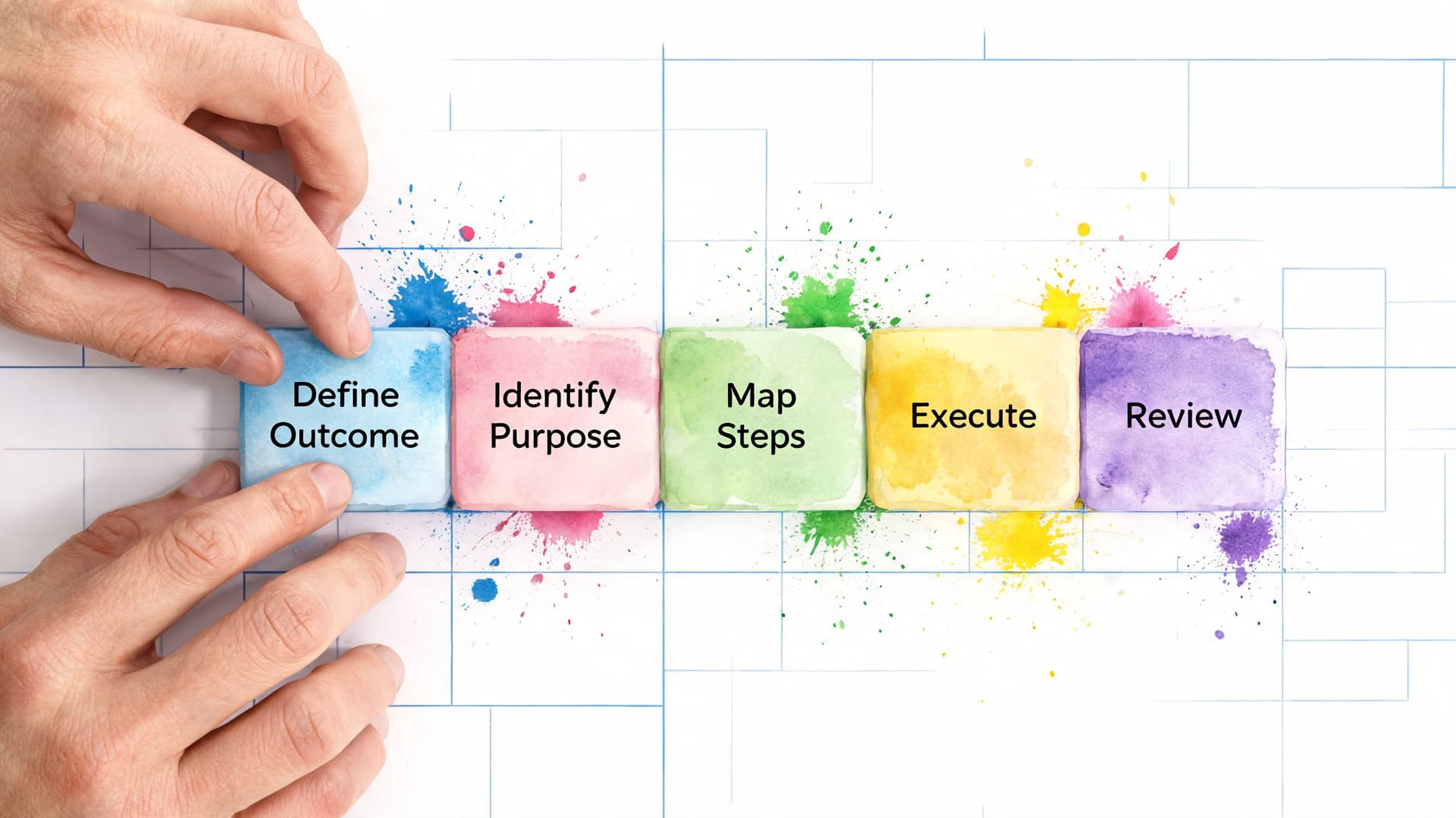 Hands arranging five colorful watercolor blocks illustrating a sequential process for effective planning and execution.