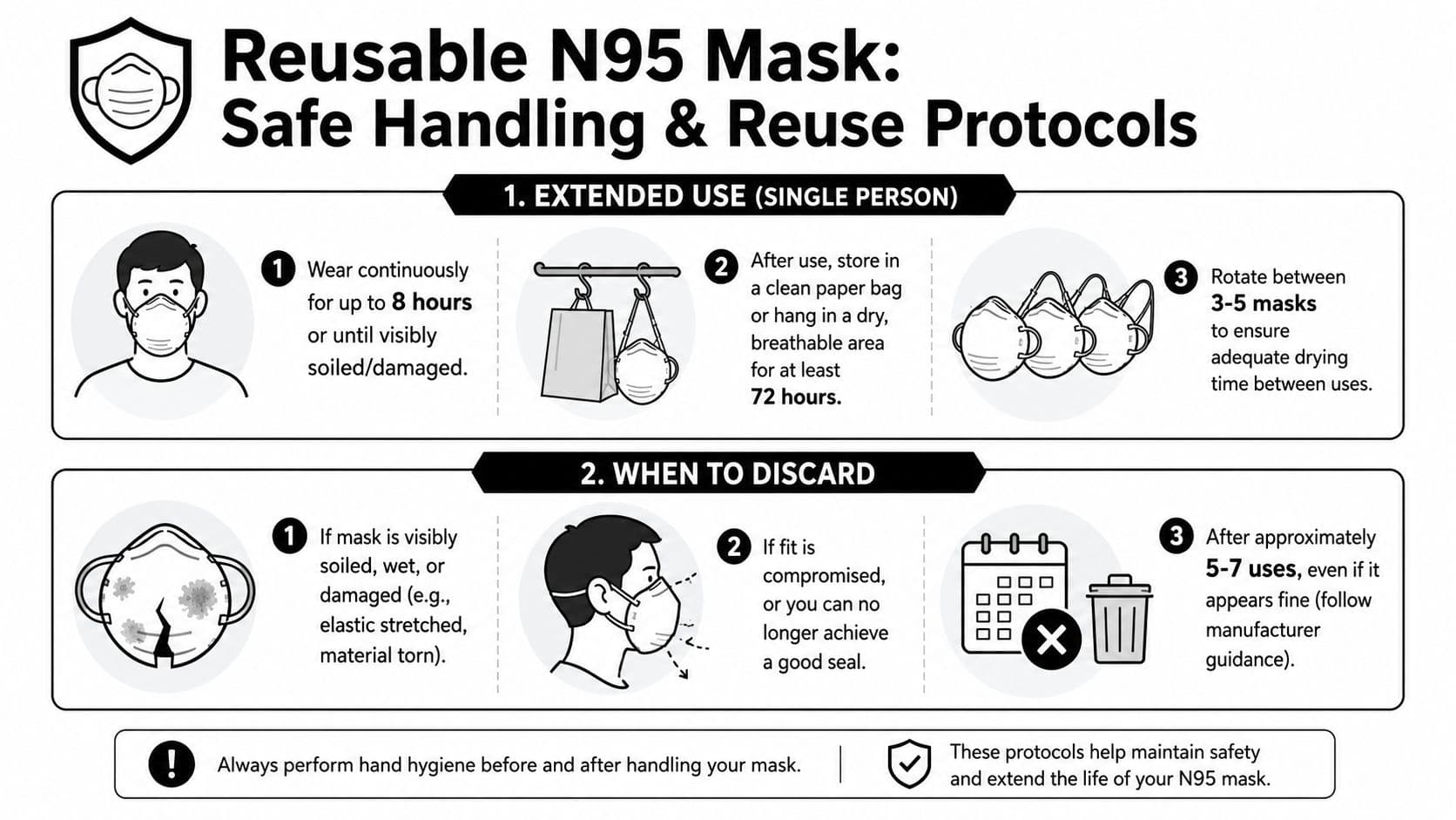 An infographic detailing safe handling and reuse protocols for a reusable N95 mask, including storage instructions.