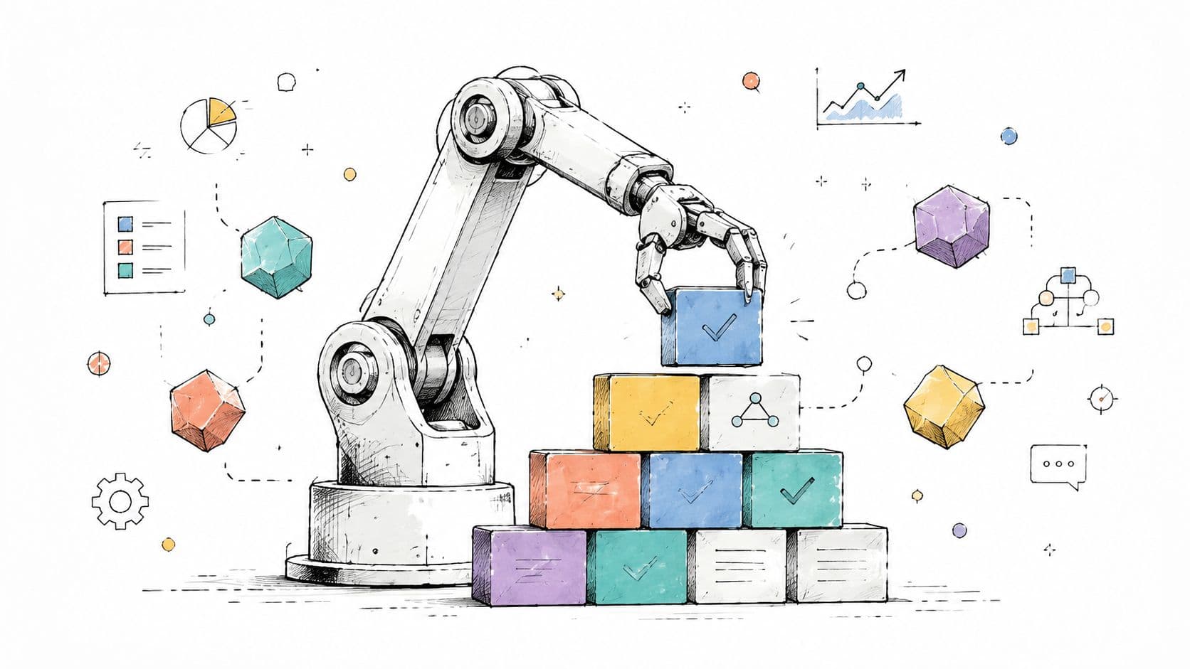 A mechanical robotic arm placing a blue block with a checkmark onto a stack of various building blocks.
