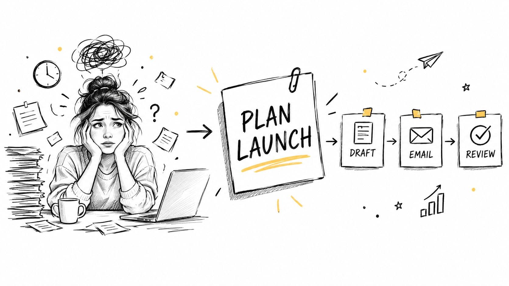 A stressed woman at her desk with a workflow diagram showing plan launch, draft, email, and review.