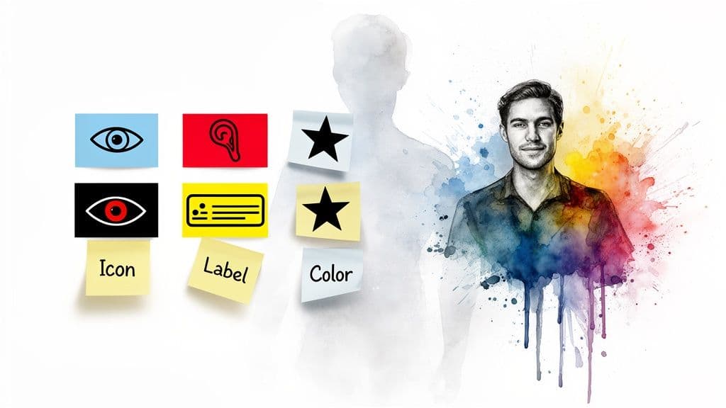 Colorful watercolor portrait of a man next to sticky notes with icons (eye, ear, star), 'Icon', 'Label', 'Color' text.