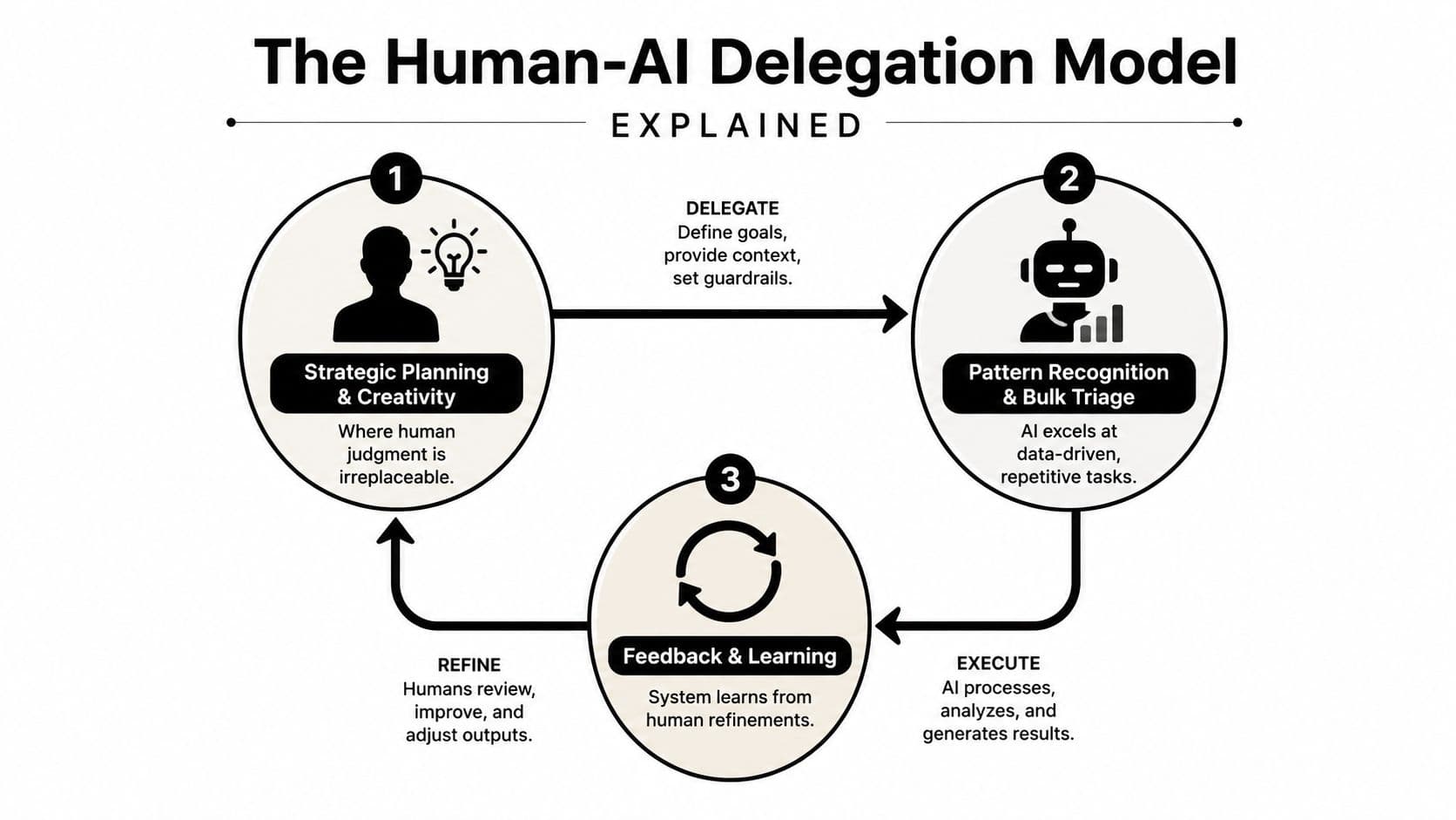 A diagram illustrating a three-step Human-AI delegation model involving strategic planning, pattern recognition, and feedback loops.