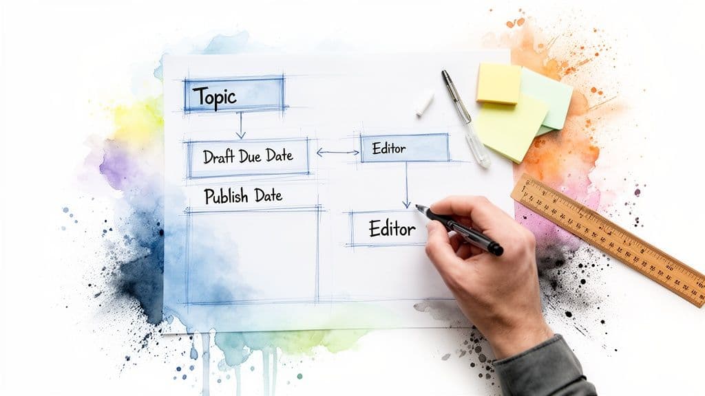 A hand drawing a content workflow template with boxes for topic, due dates, and editor.