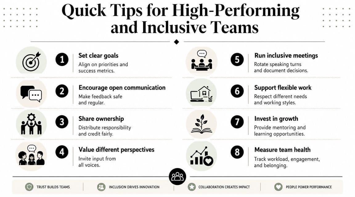 An infographic titled Quick Tips for High-Performing and Inclusive Teams featuring eight numbered team building strategies.