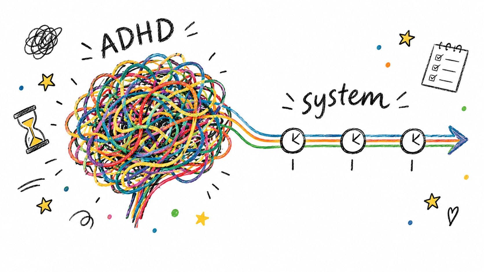 A colorful tangled brain drawing transitioning into a structured timeline representing ADHD management through organizational systems.
