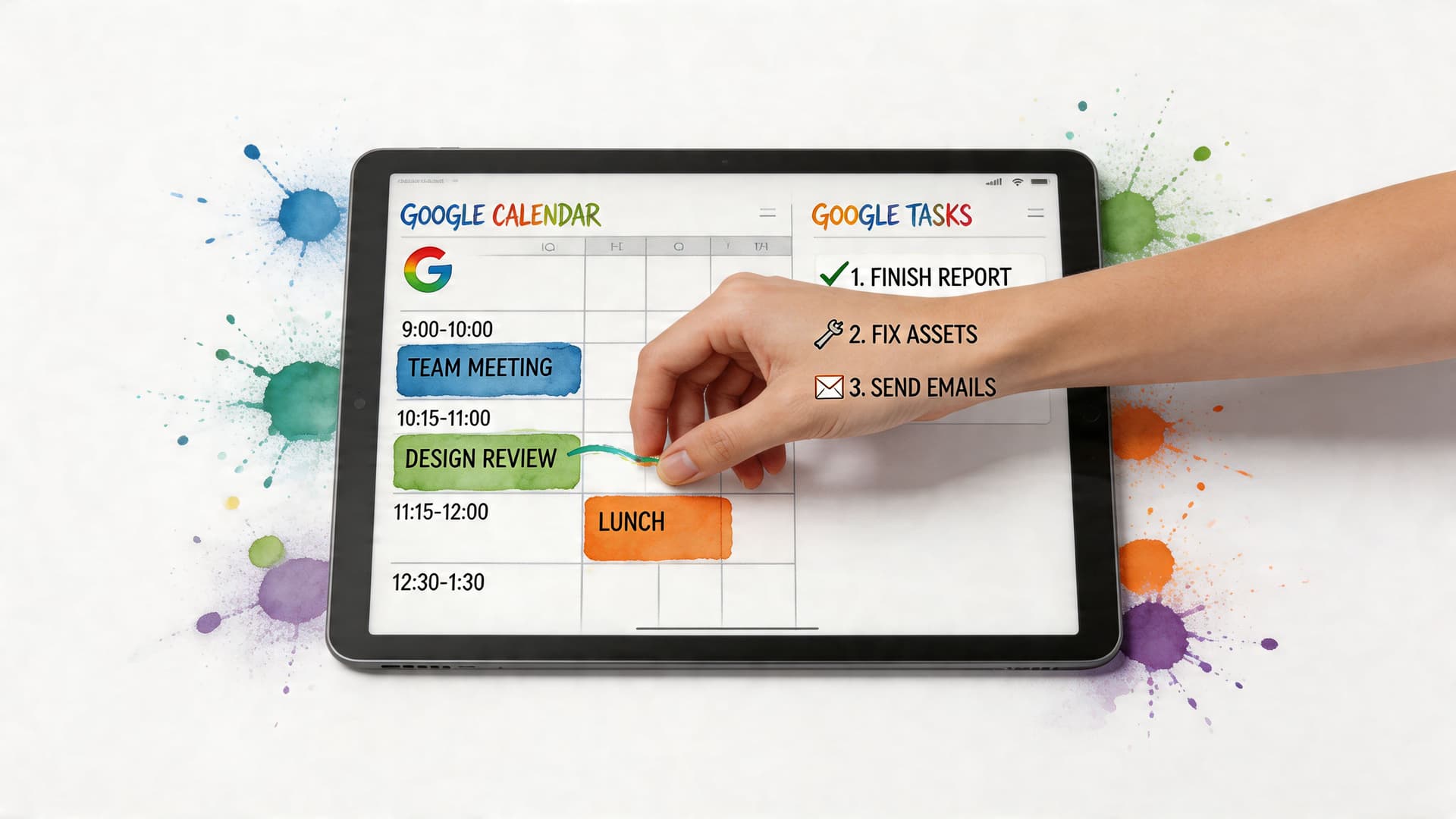 A hand interacts with a tablet showing a Google Calendar interface and a Google Tasks list.