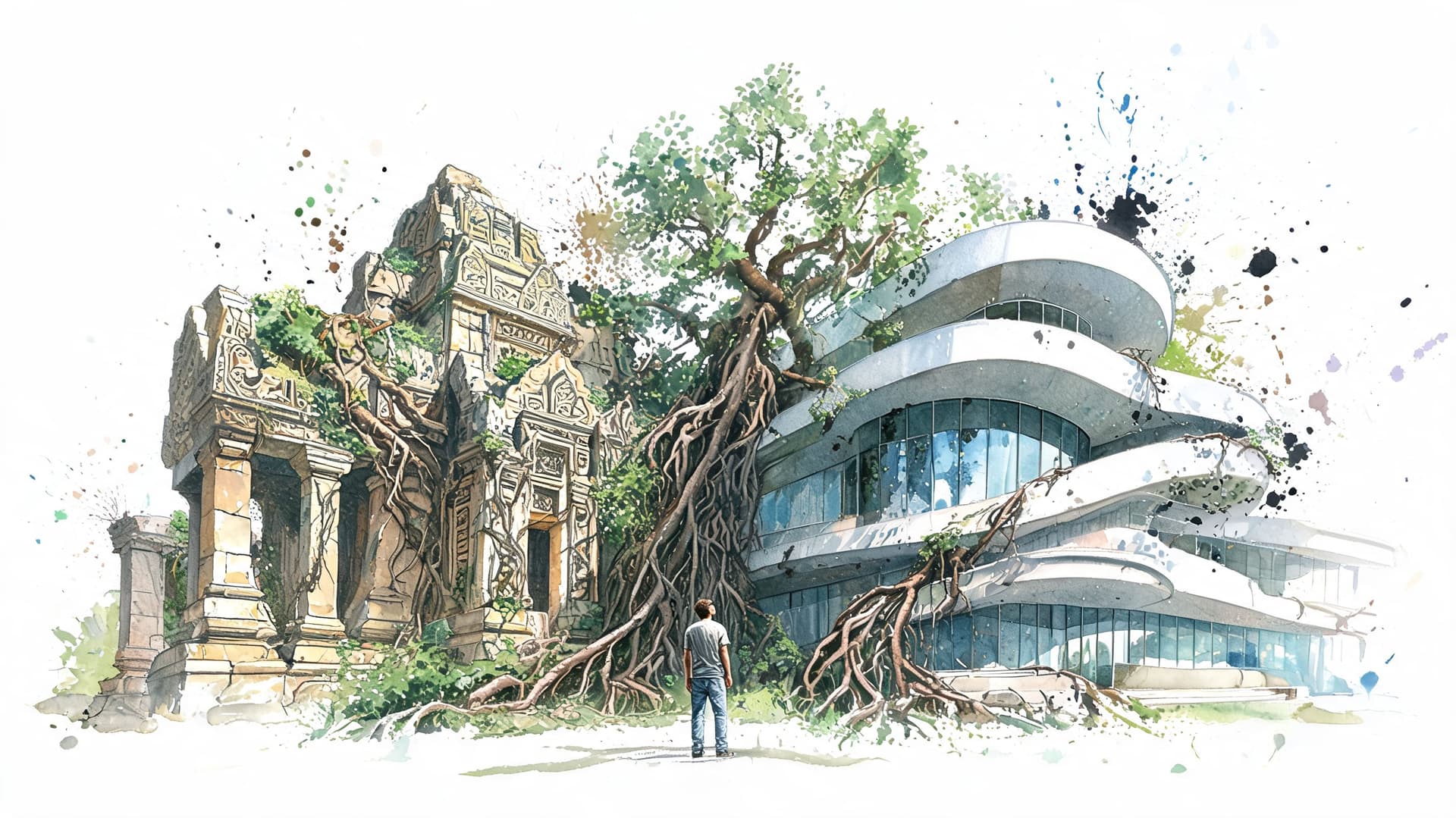 A man stands between an ancient stone temple and a modern curved glass building under a large tree.