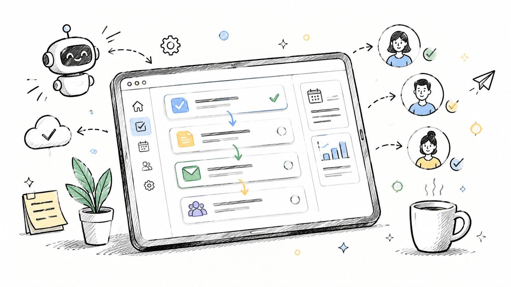 A digital illustration showing a tablet with a workflow management app, robot assistant, and team collaboration icons.