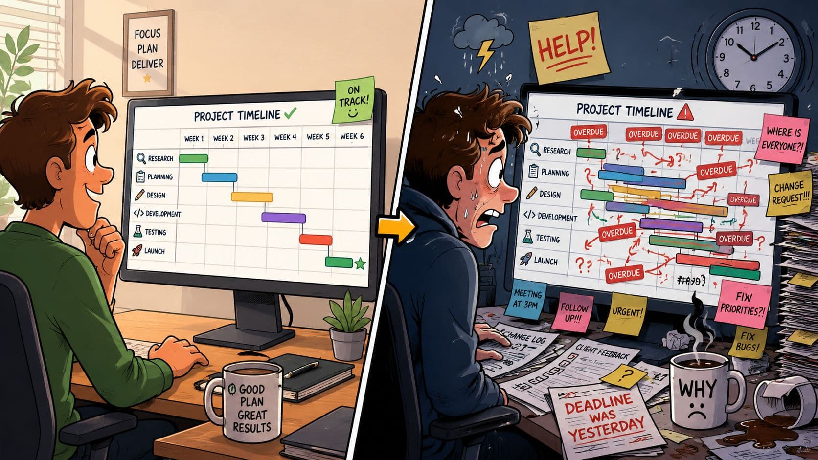 A split image contrasting a successful, organized project manager with a stressed, overwhelmed worker facing missed deadlines.