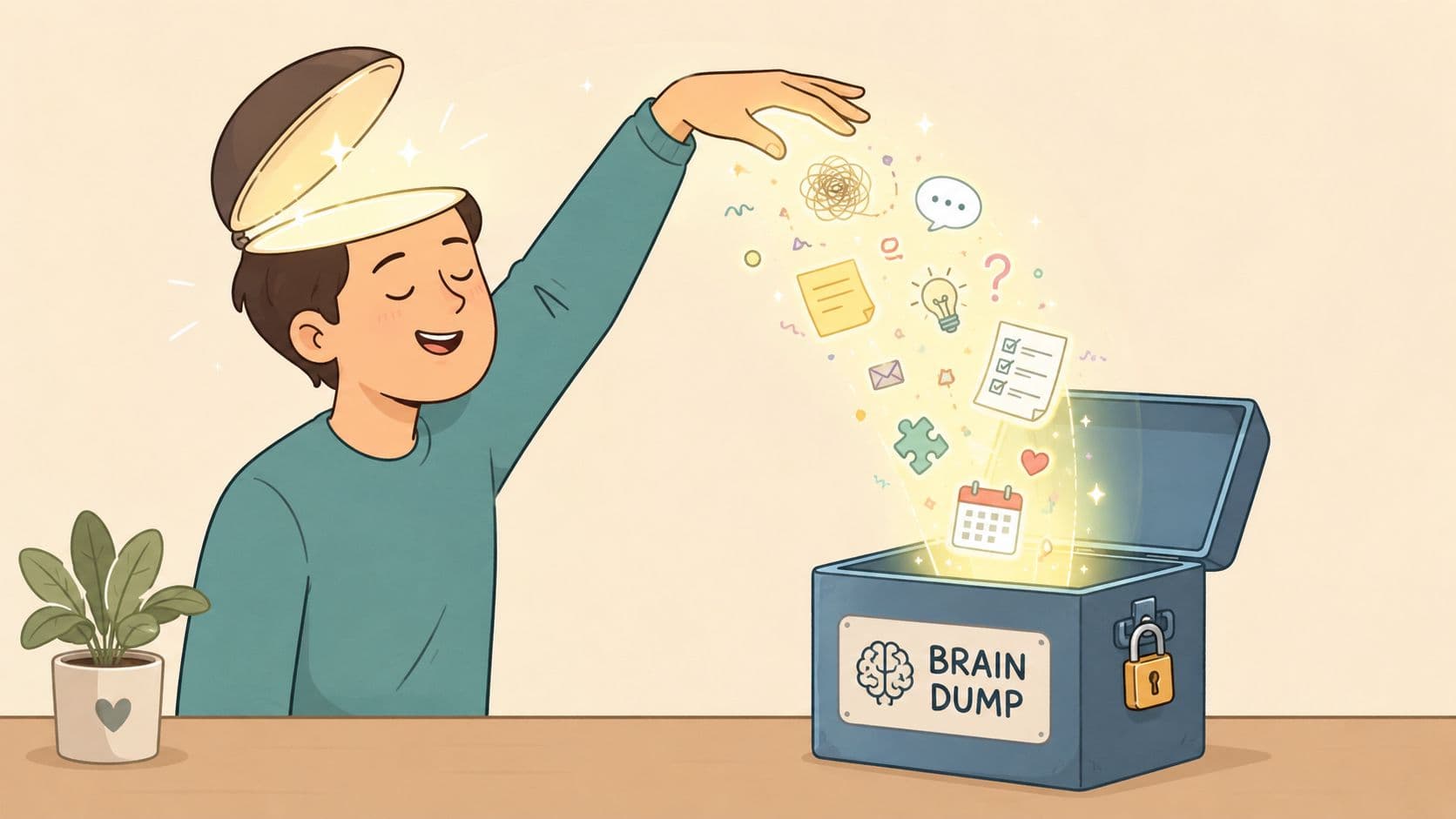 A person transferring thoughts and tasks from their open mind into a labeled brain dump box.