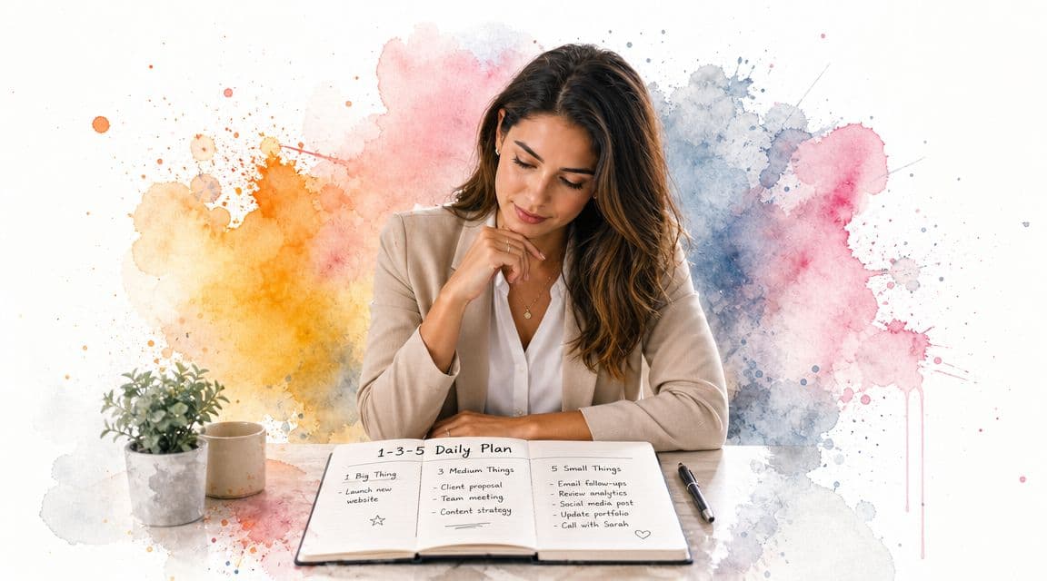 A professional woman planning her tasks using the 1-3-5 daily productivity method in an open notebook.