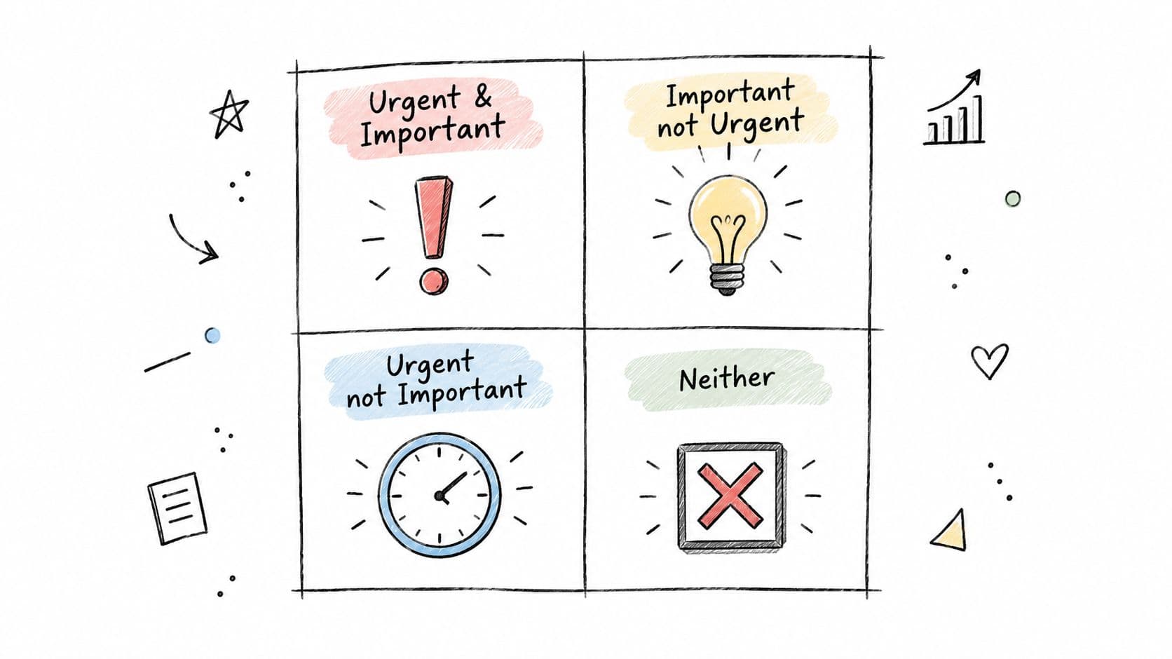 A hand-drawn Eisenhower matrix illustrating four quadrants for time management: Urgent and Important, Important not Urgent, Urgent not Important, and Neither.