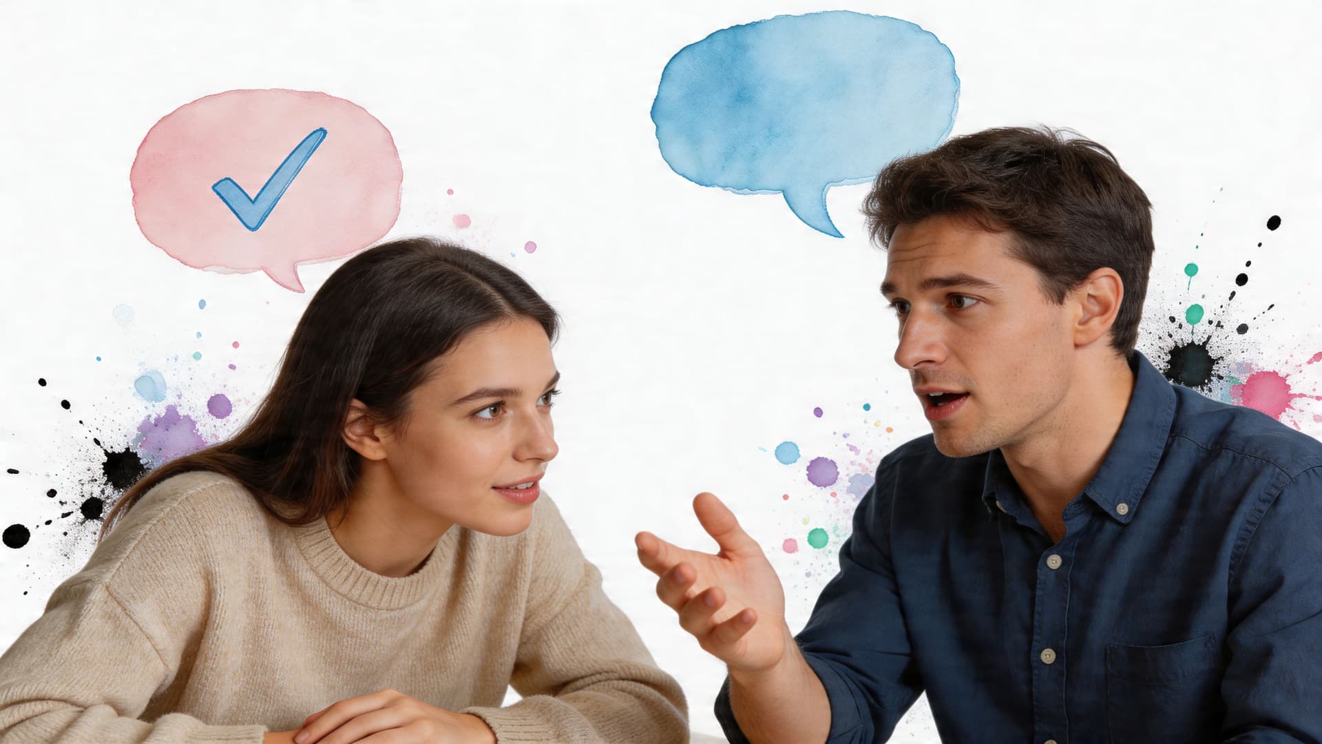 A young woman and a man engaged in a meaningful, open conversation in a studio setting.
