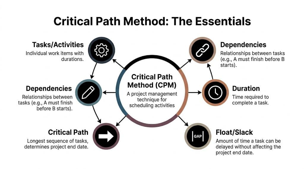 An infographic titled Critical Path Method highlighting its key components like tasks, dependencies, duration, and float.
