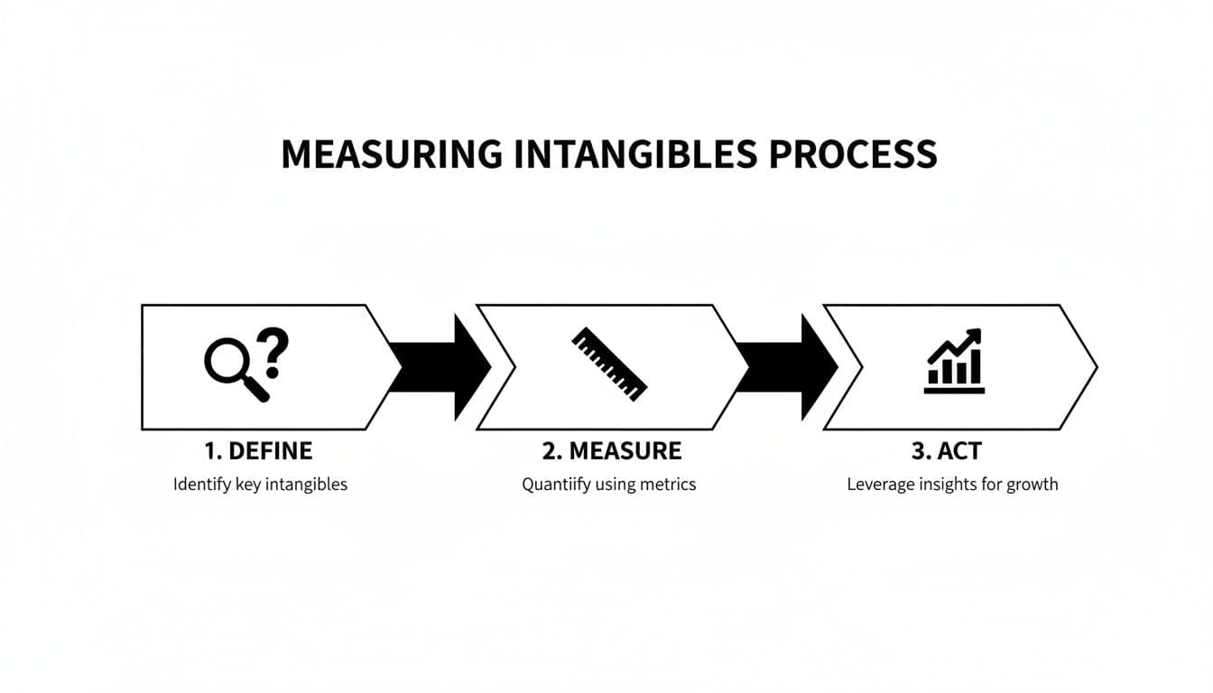 Diagram illustrating a three-step process for measuring intangibles: Define, Measure, and Act for growth.