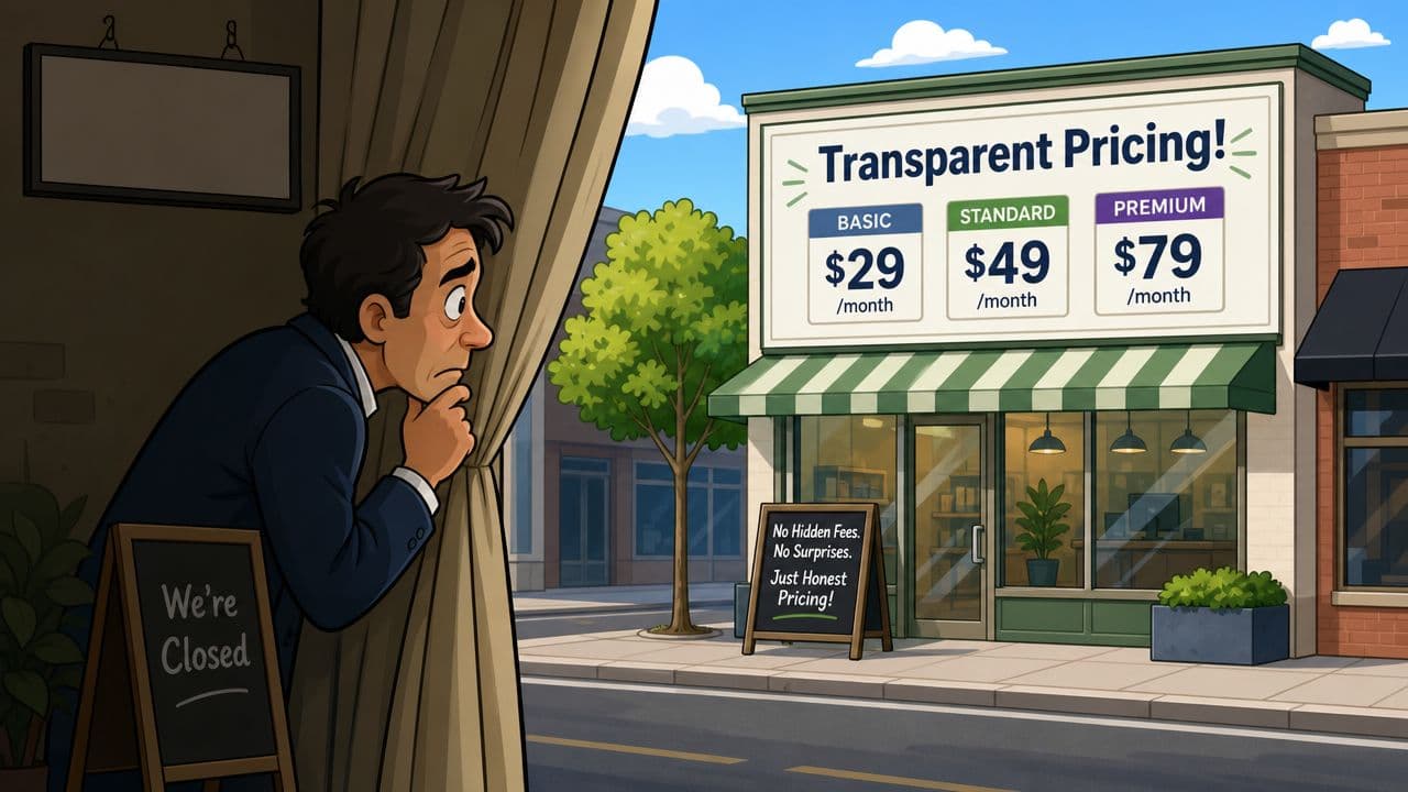 A concerned man peeking through a curtain at a business displaying transparent monthly pricing on a sign.
