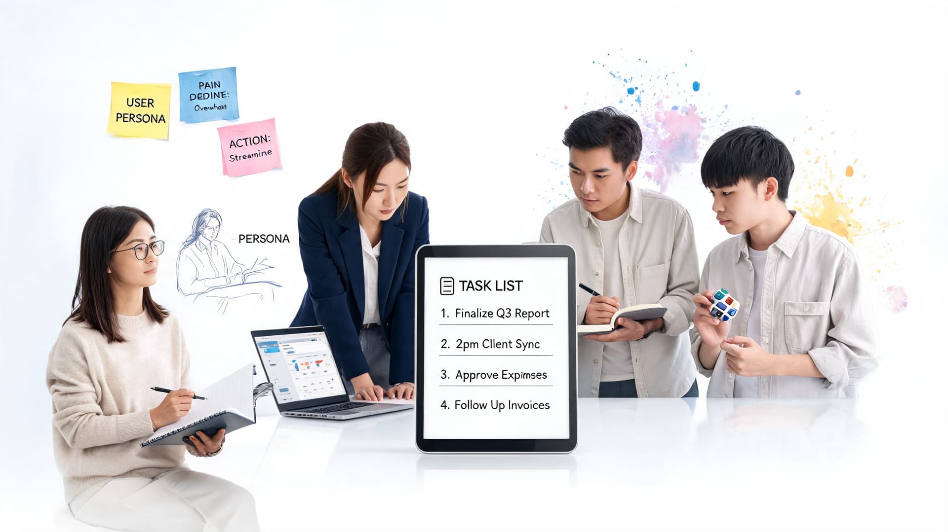 A professional team collaborating on a business task list project in a bright, creative office setting.
