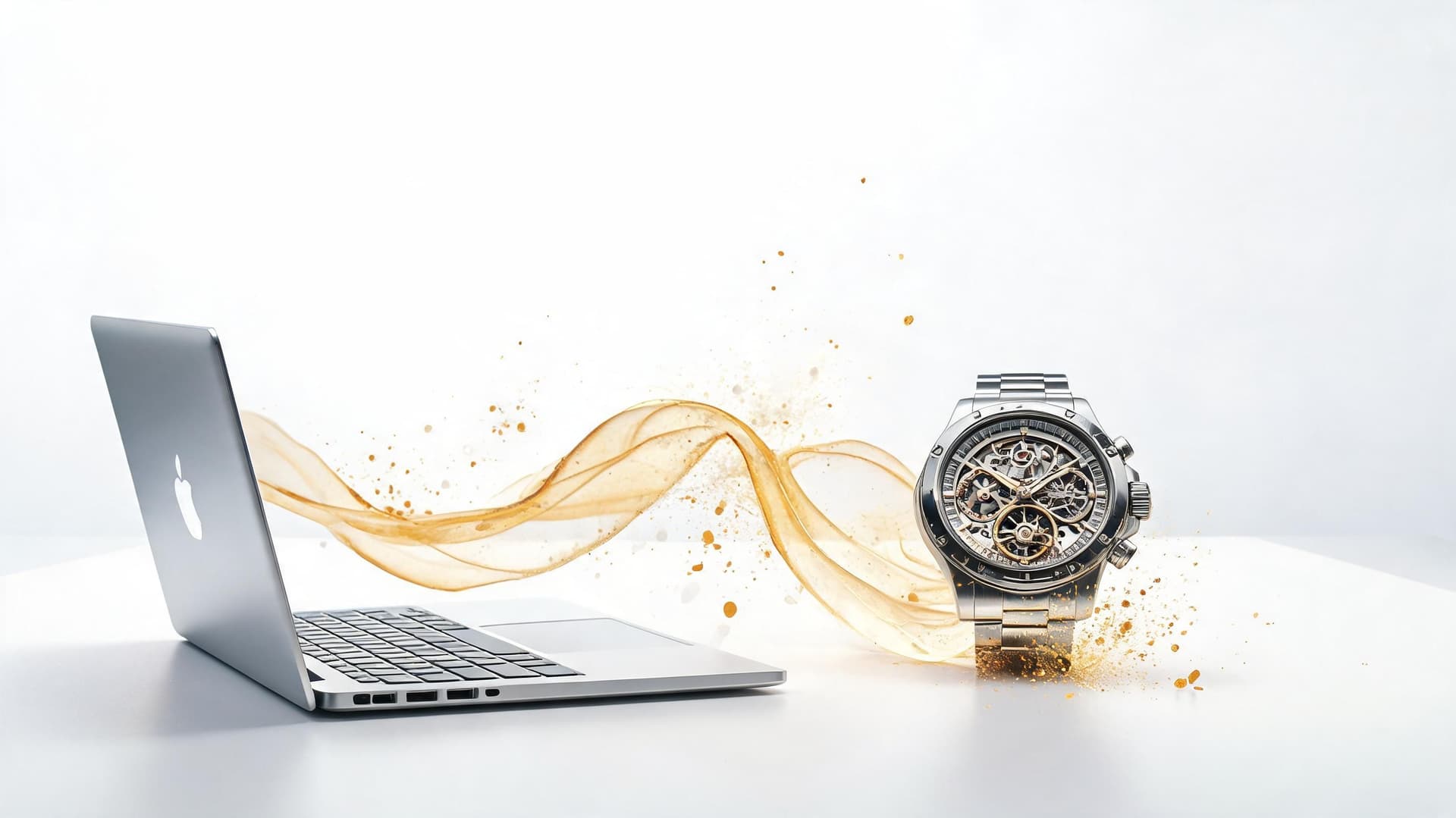 A silver laptop and a luxury mechanical skeleton watch connected by a flowing golden artistic ribbon.