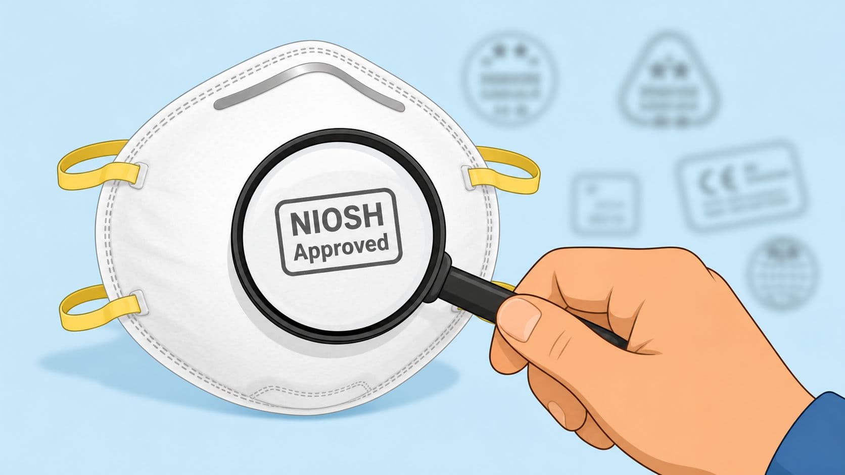A hand holds a magnifying glass over a white N95 face mask showing the NIOSH approved label.