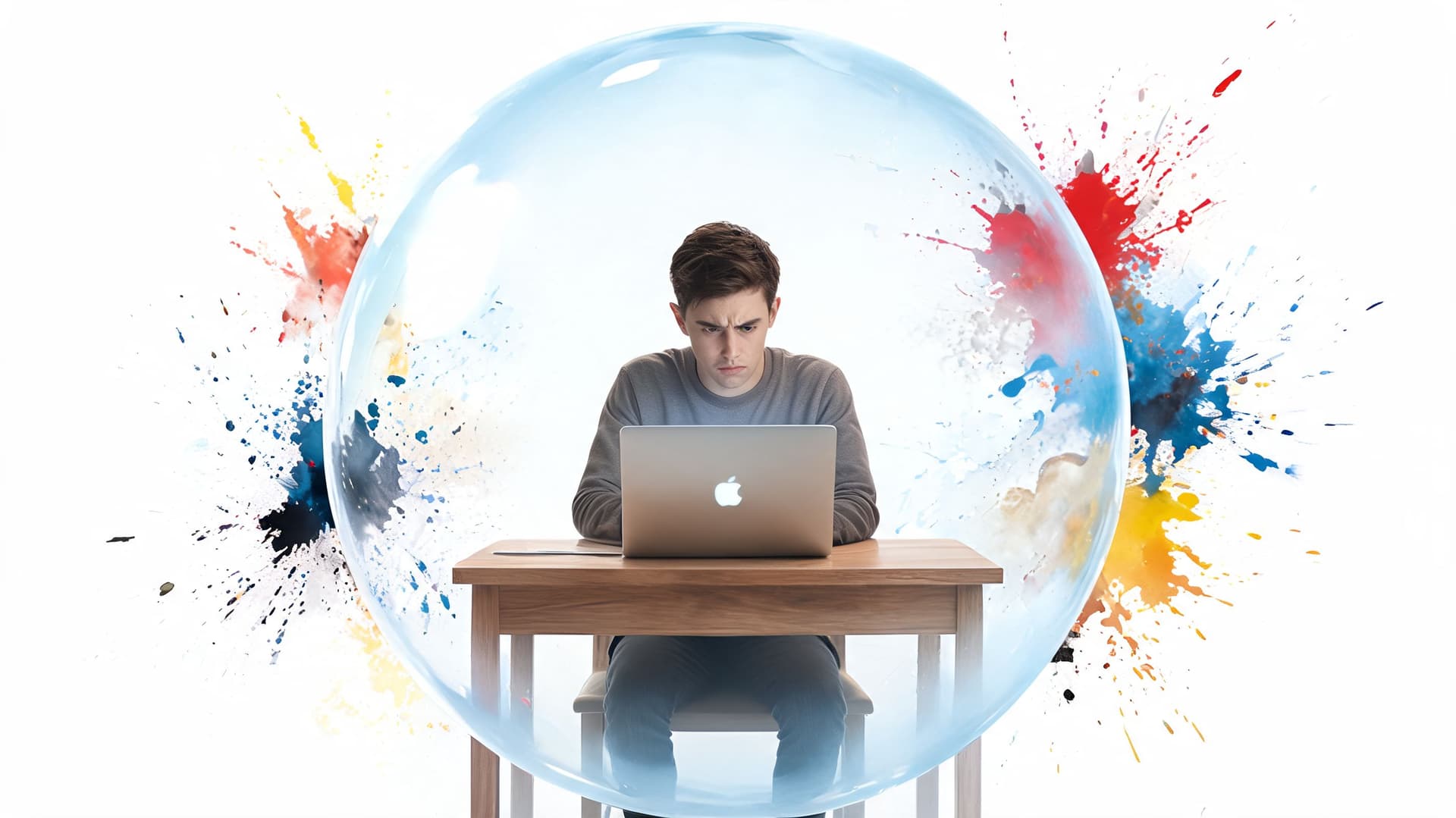 A focused man sitting at a desk working on a laptop inside a transparent bubble