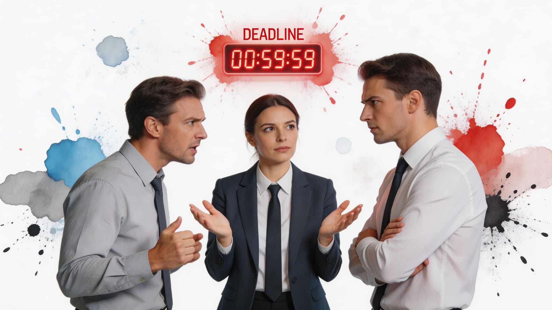 A professional woman mediating a disagreement between two male colleagues under a glowing deadline countdown timer.